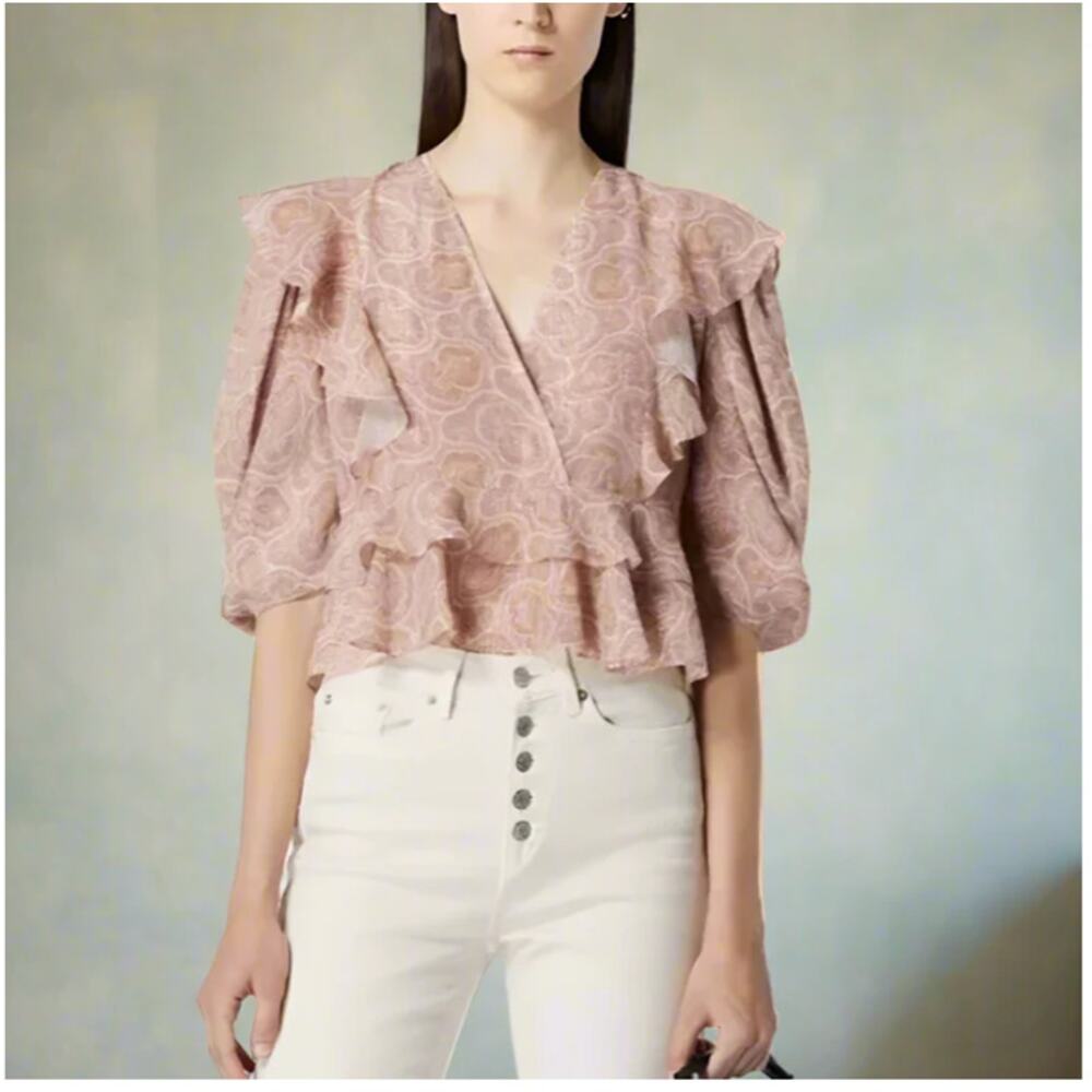 The Kooples Silk Crop Top Womens Pink Paisley V-Neck Ruffle Blouse